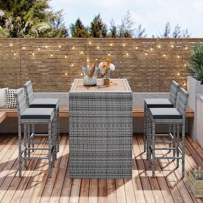 5-Pc Brown/Gray Wicker Bar Set Acacia Table & Cushions​​
