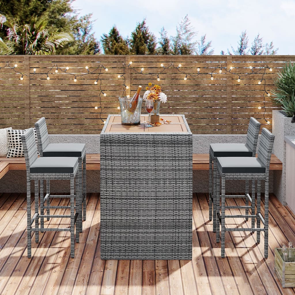 5-Pc Brown/Gray Wicker Bar Set Acacia Table & Cushions​​