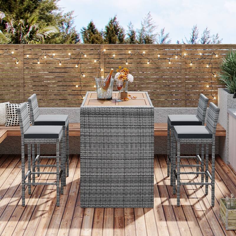 5 Pcs Outdoor Rattan Dining Table and Chairs Set, Patio Conversation Furniture Sets with Height Table and 4 Chairs