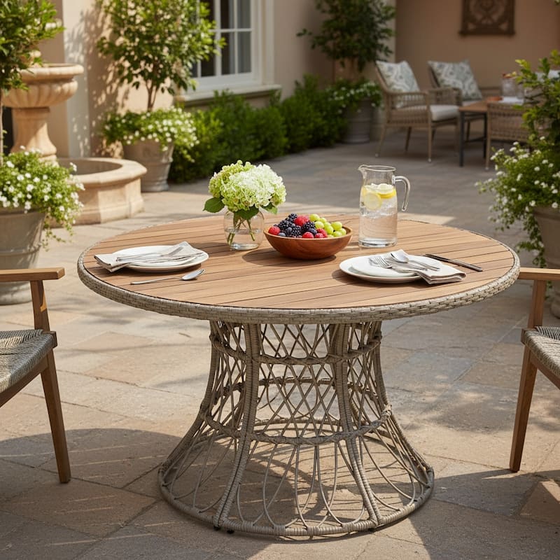 Christopher Knight Home - Estra Outdoor Round Acacia Wood Woven Dining Table with Wicker Pedestal Base, for 4 - 6 Seating - Brown