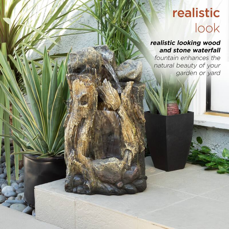 Alpine Corporation 22" Tall Outdoor Rainforest Tree Trunk and Stone Waterfall Fountain with LED Lights