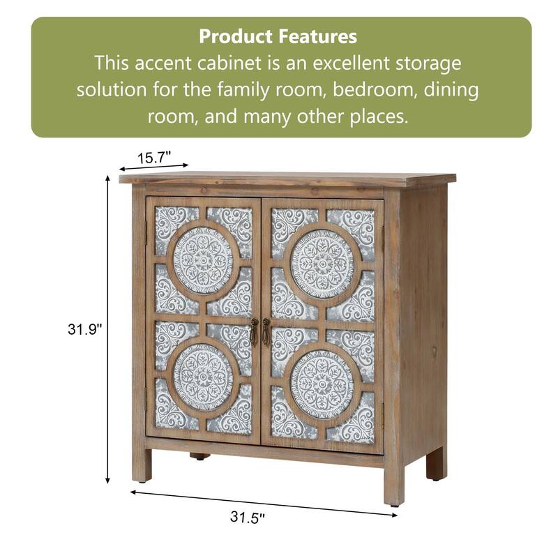 Floral Lattice Metal 2-Door Farmhouse Pine Wood Storage Cabinet - 31.9" H x 31.5" W x 15.7" D