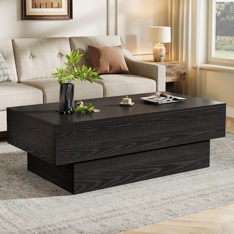 Modern Black Coffee Table, 55-Inch Rectangle Wooden Tea Table