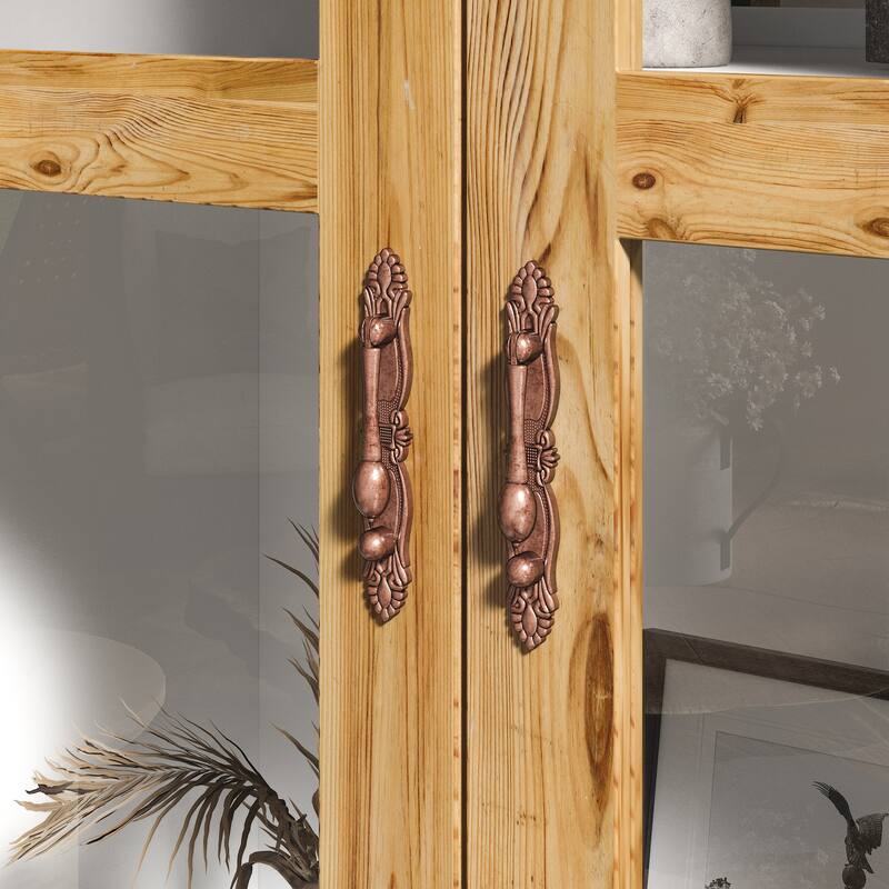 Boho Wood & MDF Display Cabinet with Tempered Glass Doors, Carved Arch Frame & Metal Handle Drawer