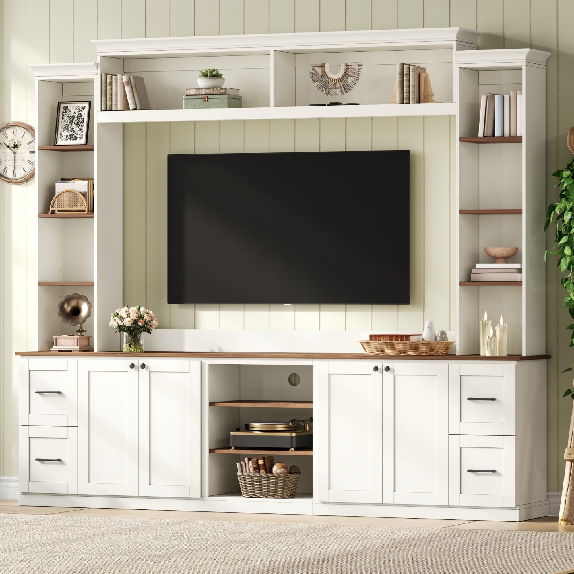 4-in-1 Entertainment Center Wall Unit with Bookshelf for TVs Up to 70", Farmhouse Large TV Stand with Adjustable Shelves