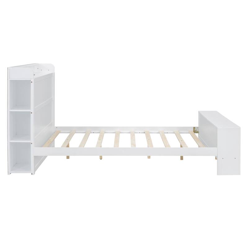 Full Size Platform Bed with built-in shelves, LED Light and USB ports, Gray