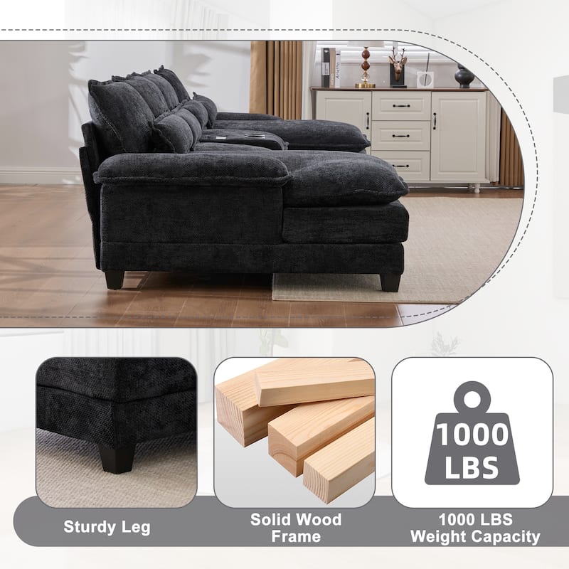 6-seat Chenille Upholstered Modern U-shaped Sectional Multifunctional Sofa with 2 Cup Holders,Pull-out Storage Space