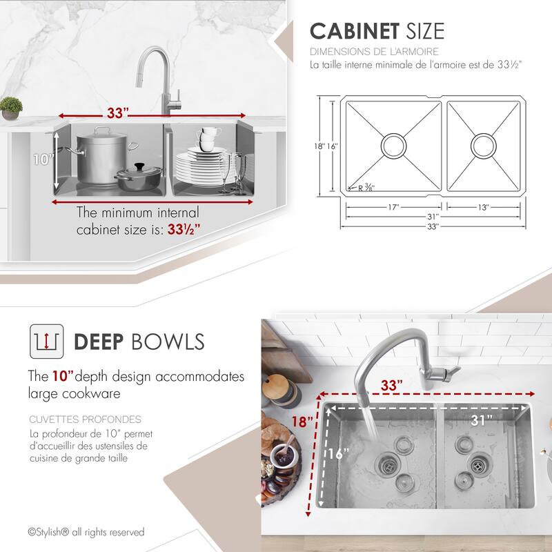 Undermount 33" Double-Bowl Stainless Steel Kitchen Sink S-322XG - 33" x 18" x 10"
