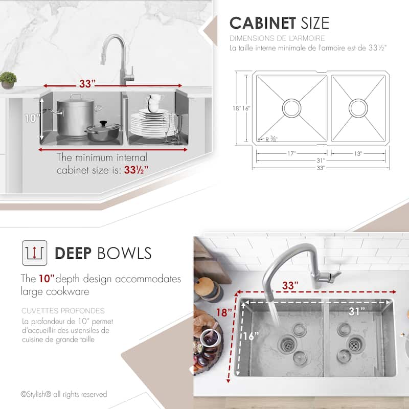 Undermount 33" Stainless Steel Double Bowl Kitchen Sink Handmade - 33" x 18" x 10"