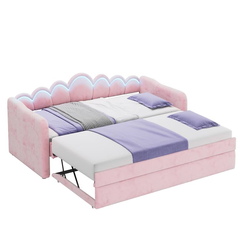 Twin XL Velvet Upholstered Daybed with Pull-Out Trundle and Wave Backrest LED Light