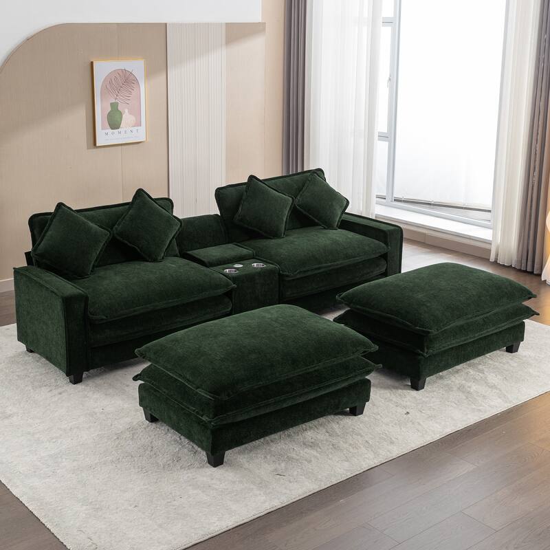111" Chenille Sectional Sofa Set with USB Ports & Cup Holders, Oversized Chaise Lounge Modular Loveseat with 2 Ottomans