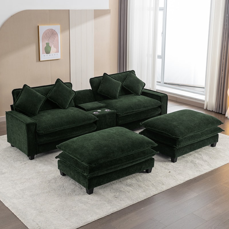 111" Chenille Sectional Sofa with 2 Ottomans, 2 USB Ports, 2 Cup Holders, Storage, Green