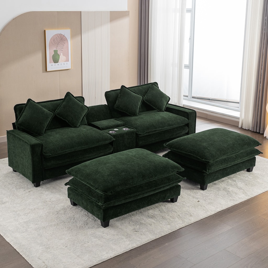 111" Chenille Sectional Sofa with 2 Ottomans, 2 USB Ports, 2 Cup Holders, Storage, Green