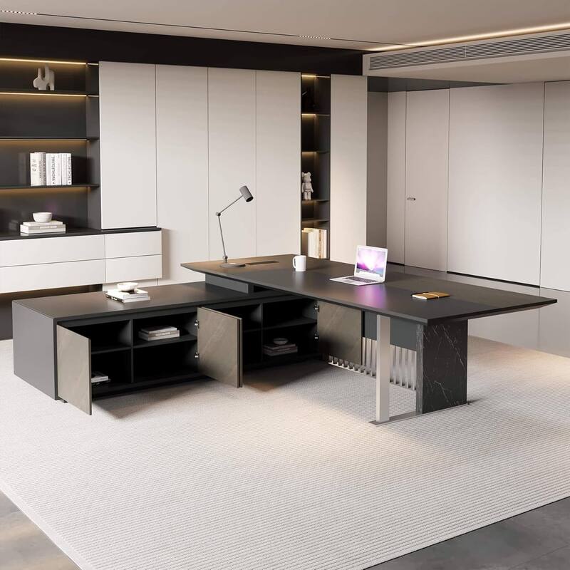 WESOME 86.6inch Large L Shaped Executive Desk with Power Outlet Wireless Charging - 86.6" - Black Left Return