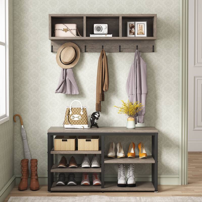 Hall Tree with Bench, Shoe Storage, Shelves and Coat Rack