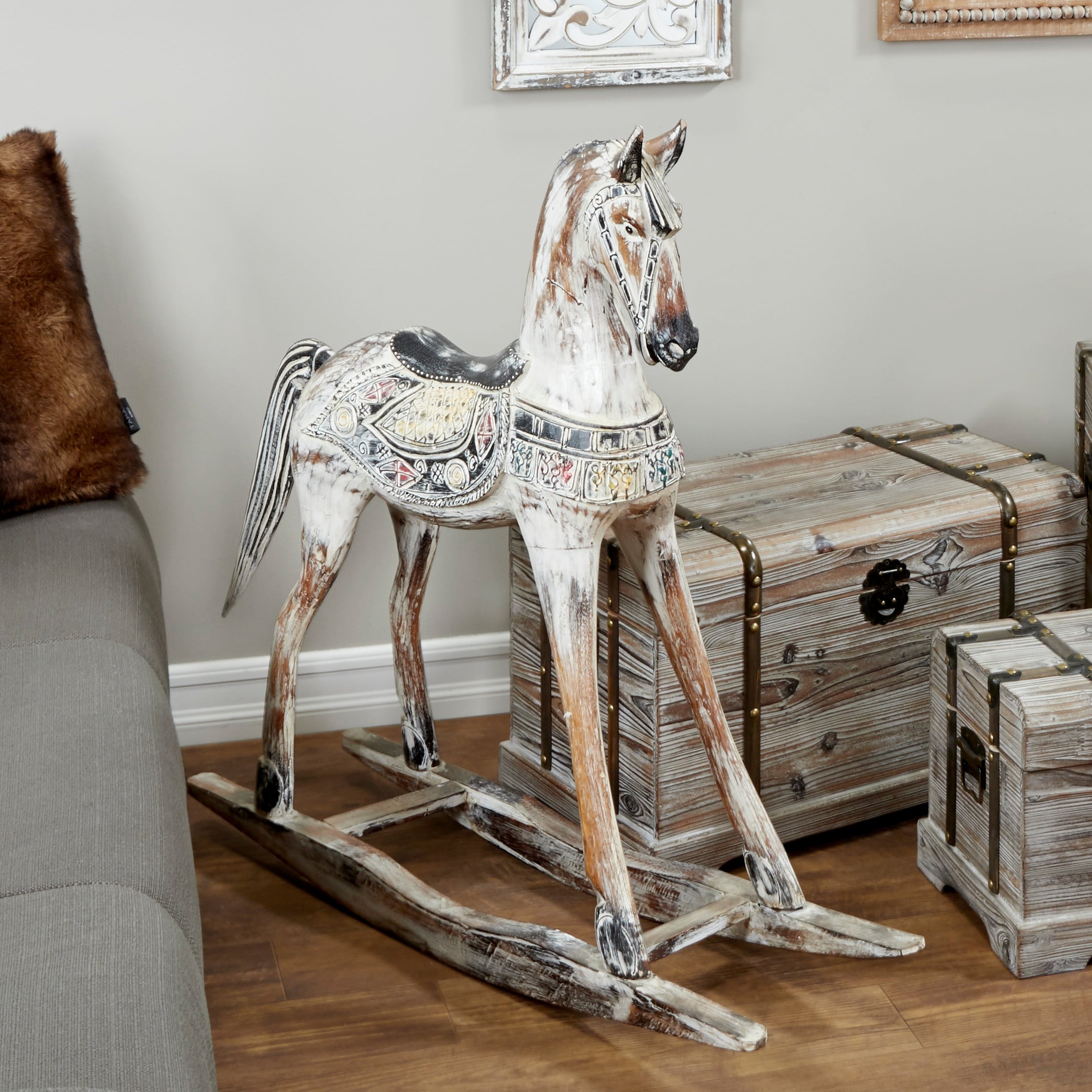 Beige Wood Rocking Horse Decorative Sculpture with Brown Distressing and Colorful Accents Bed Bath Beyond 28588594