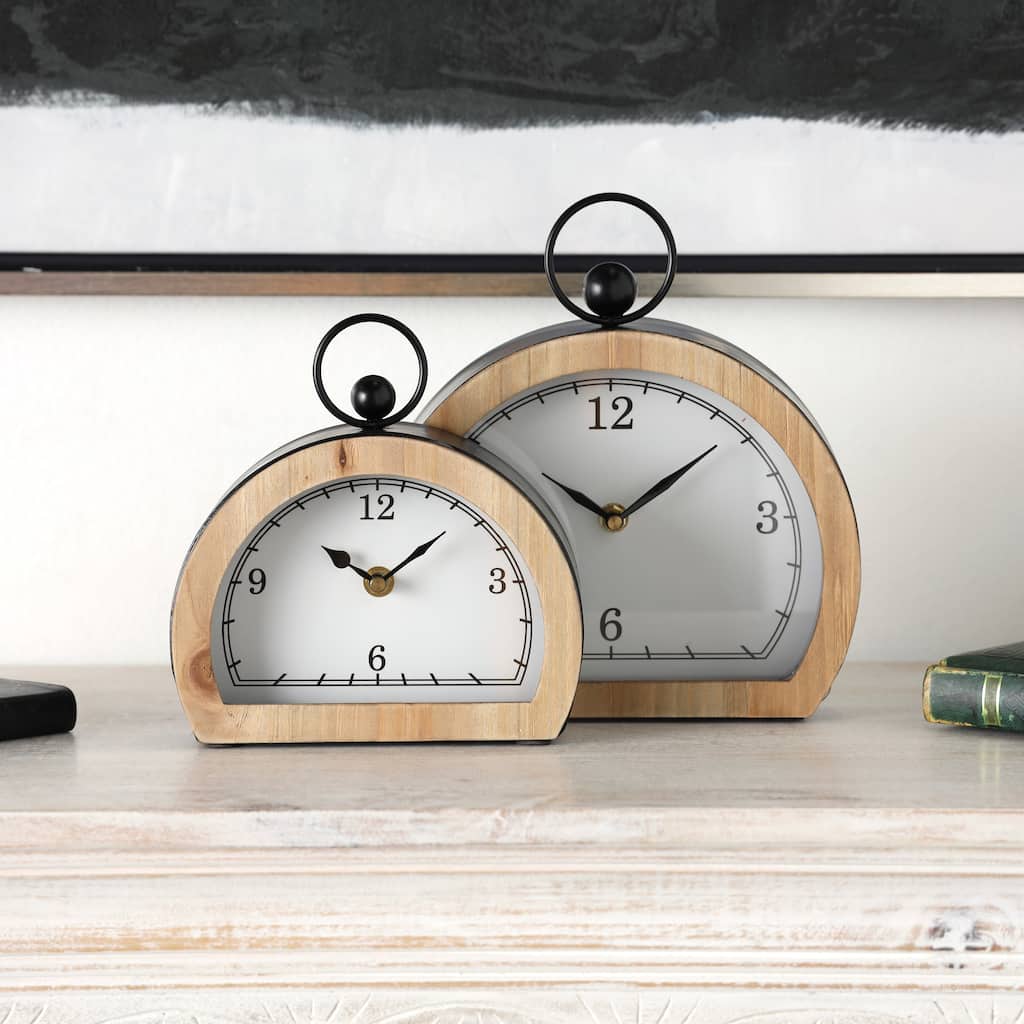 White or Black Wooden Semicircle Clock with Brown Wooden Frame and Ring Handle (Set of 2)