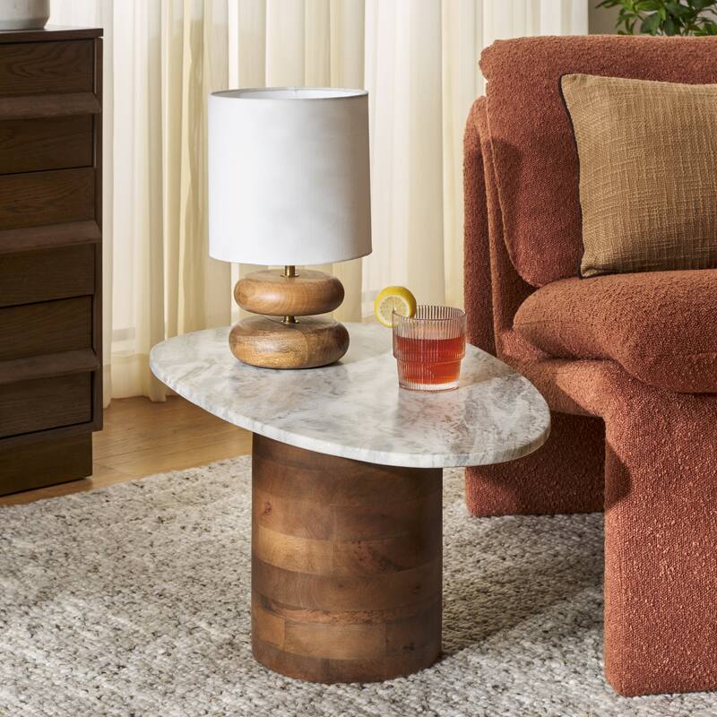 SAFAVIEH Home Mono Large Marble Side Table - 29"W x 17"D x 13"H - Off White Marble/Walnut