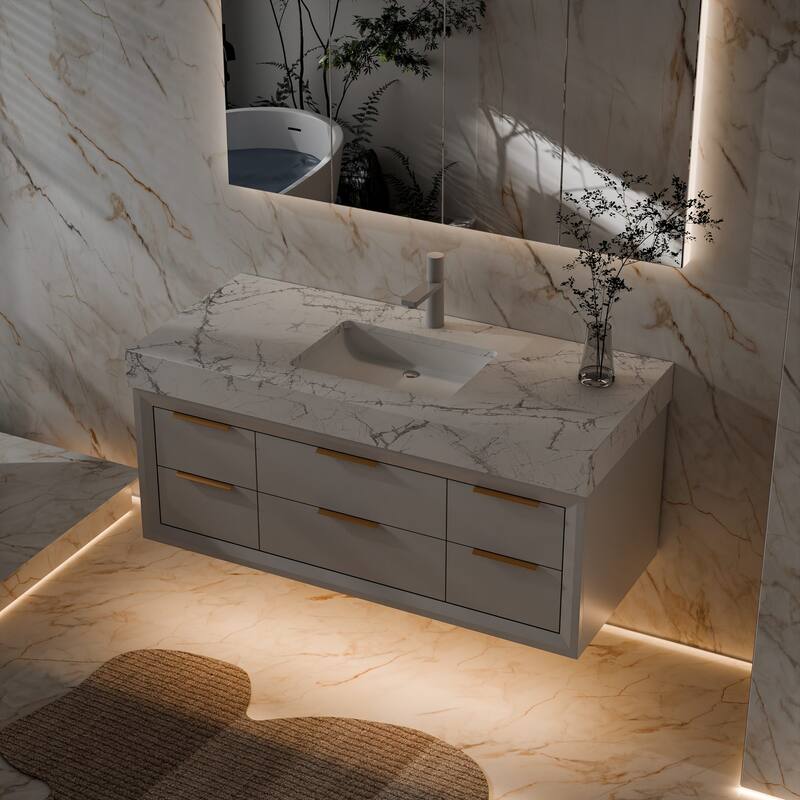 Modland 48" Modern Floating Bathroom Vanity with Single Sink, Soft-Close Drawers, White Stone Countertop