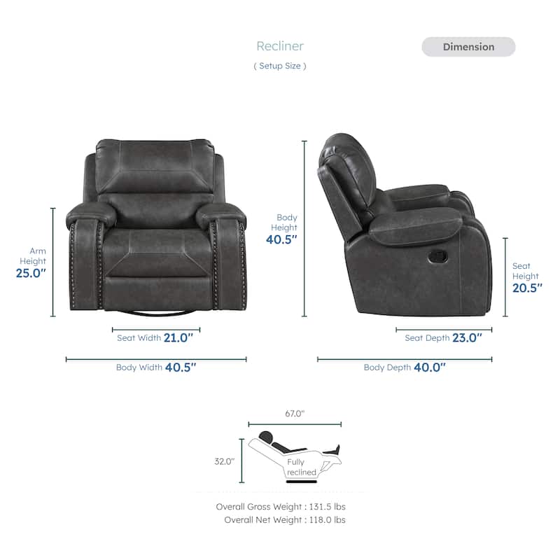 Ashton 40.5" Faux Leather Swivel Glider Recliner - 360-Degree Swivel