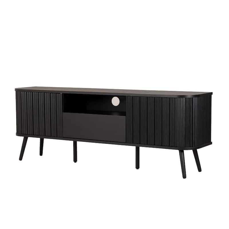 Finley 70 in. Farmhouse Curved TV Stand with Drawer and Storage Doors Fits TVs up to 75 in. with Cable Management, by JONATHAN Y - Black