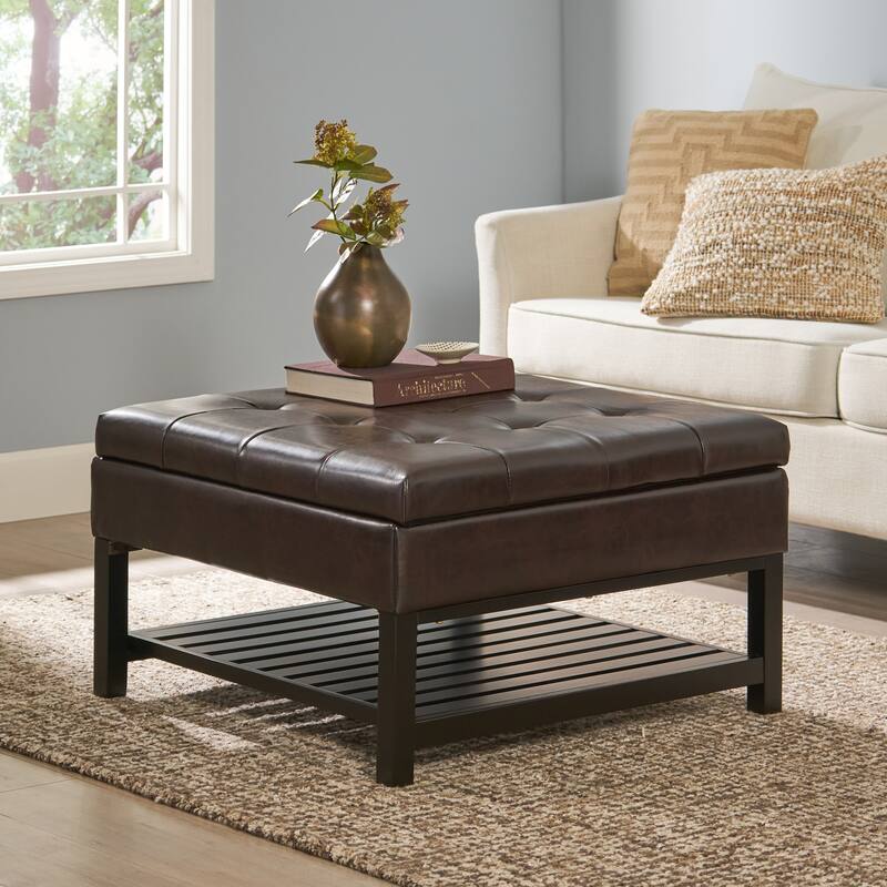 Roomfitters Square Tufted Ottoman with Lift-Top Storage and Slatted Shelf, Faux Leather Coffee Table, Dark Brown - Dark Brown