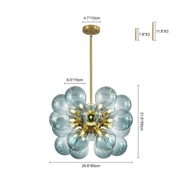 dimension image slide 3 of 4, 18-Light Cluster Blue Glass Bubble Chandelier - 25in Wide Gold