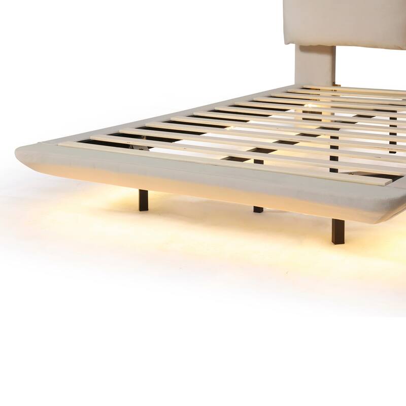 Full Velvet Floating Platform Bed with Sensor Light