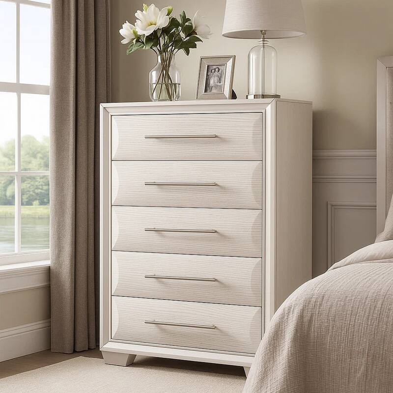 Nitz Tall Dresser Chest, 5 Drawers, White Solid Wood, Metal Handles