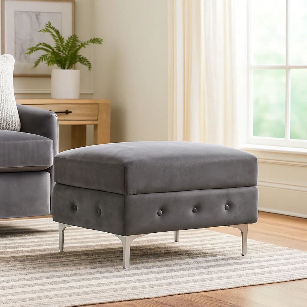 Anzo 32 Inch Square Ottoman, Button Tufting, Chrome Plated Steel Legs, Gray