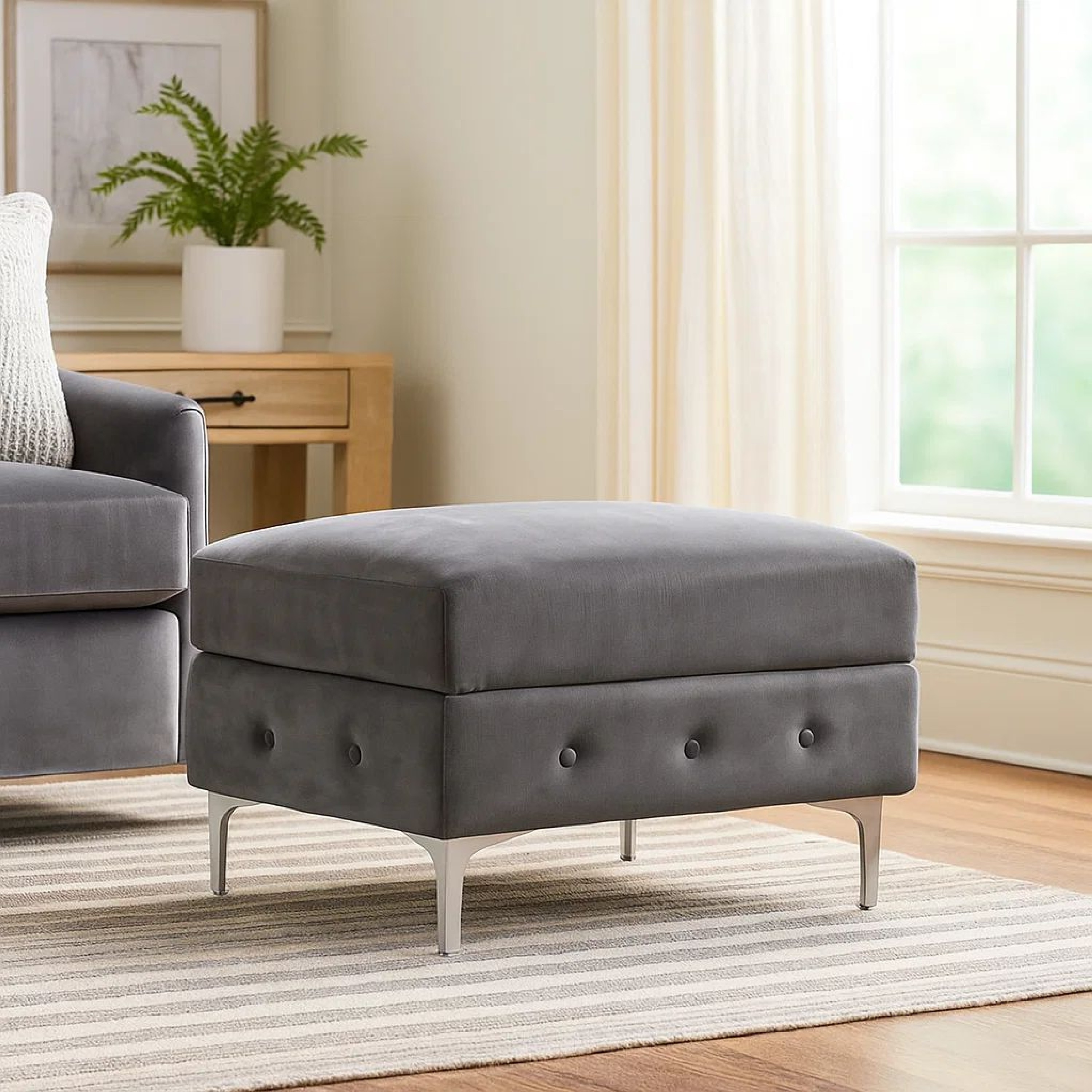 Anzo 32 Inch Square Ottoman, Button Tufting, Chrome Plated Steel