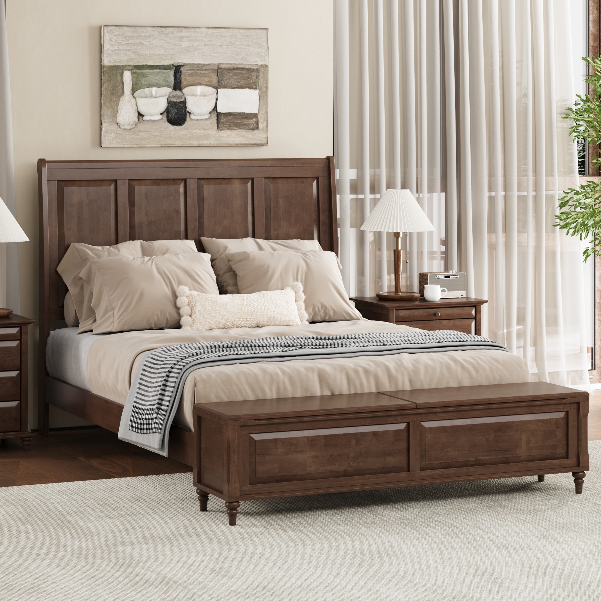 Queen Bed Frame Sleigh Bed with Tall Headboard and Storage Bench