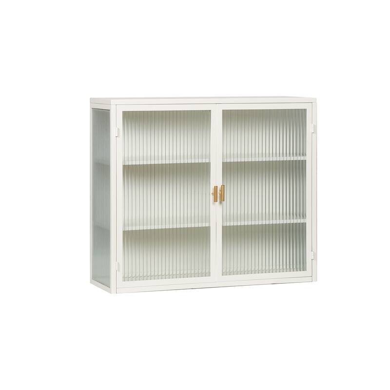27.56"Glass Doors Modern Two-door Wall Cabinet with Featuring Three-tier Storage,White