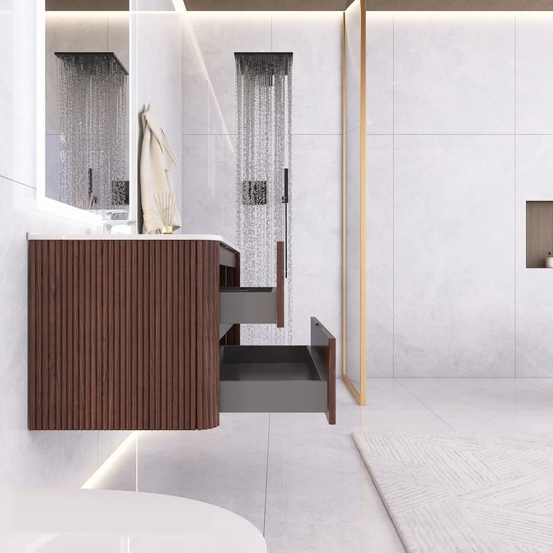 Wall-Mounted Bathroom Vanity in Walnut with Integrated White Ceramic Sink