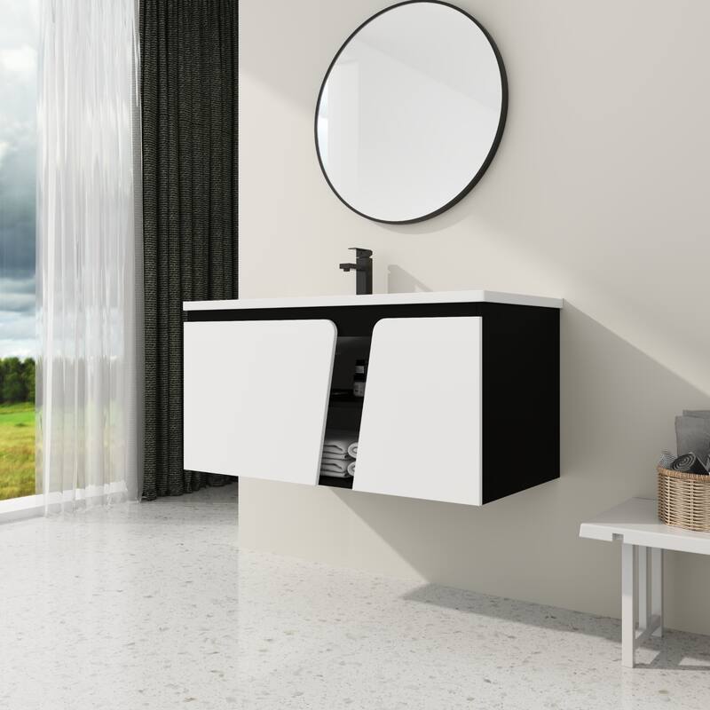 40'' Floating Wall-Mounted Bathroom Vanity with Ceramics Sink - White+Black