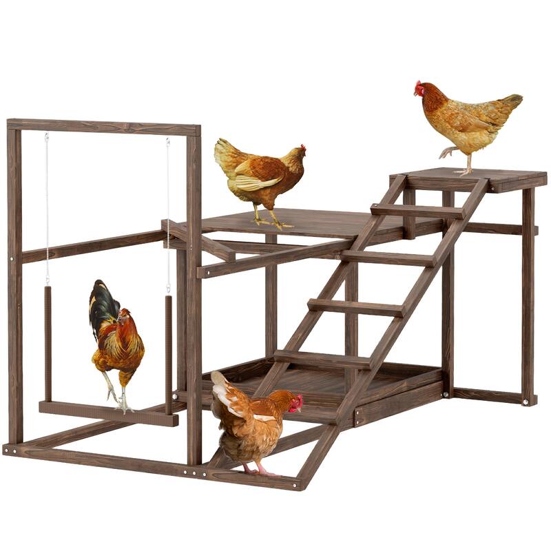 PawHut Wooden Chicken Activity Play Set, Chicken Coop Accessory with Perch, Swing, Ladder, Coffee - Coffee