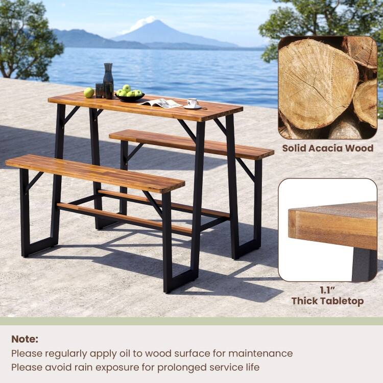 Natural Black Acacia Wood Outdoor Picnic Table with Metal Frame and Benches - 53" × 49.5" × 39.5"