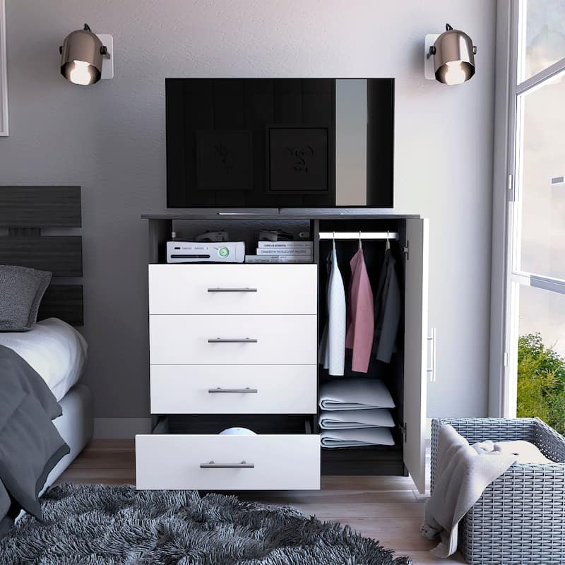 TUHOME Peru 4 Drawer Dresser with Vertical Cupboard & Open Shelf
