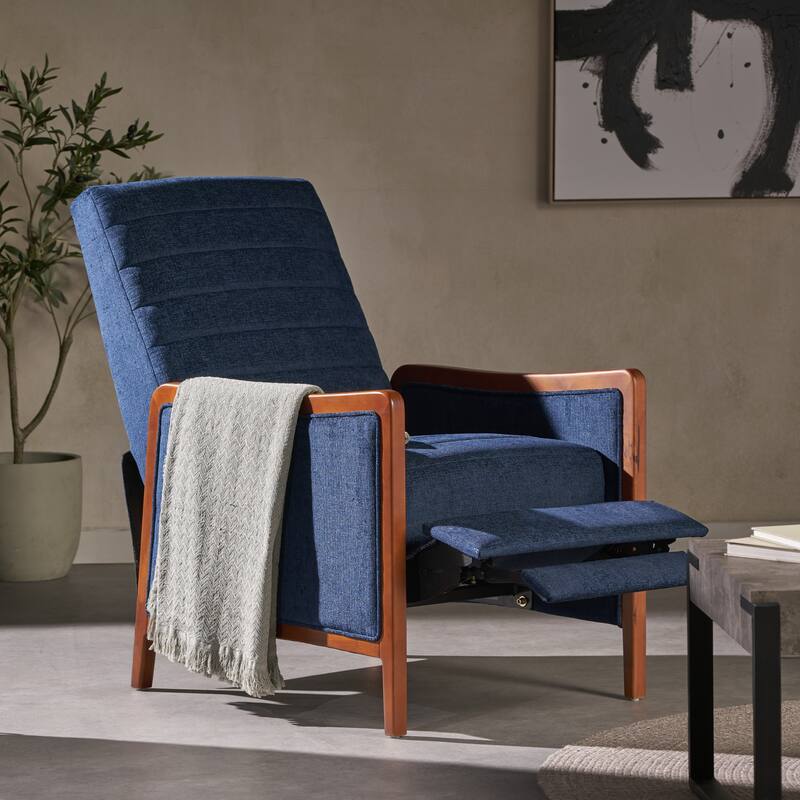 Mid-Century Modern Fabric Channel Stitch Recliner, Pushback, Wooden Frame