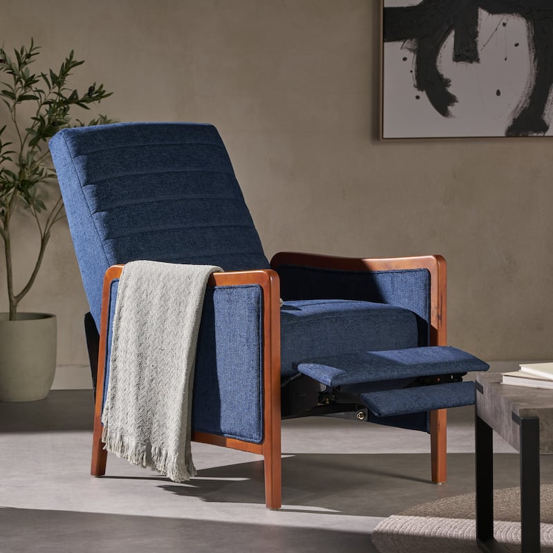 Roomfitters Mid Century Modern Fabric Channel Stitch Wood Pushback Recliner, Elegant Recliner for Living Room - Navy Blue