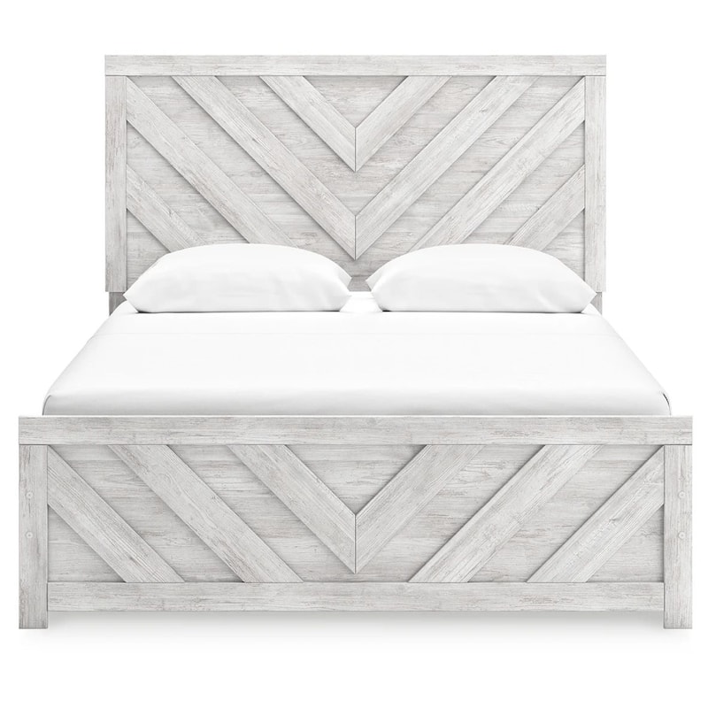 Cany Queen Size Bed, Chevron Pattern, Panel Headboard, Whitewash