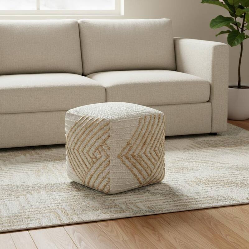 HomeRoots 18" Natural and Off White Cotton Jute And Wool Geometric Cube Pouf Ottoman - Natural/Off White - 18.00 in. x 18.00 in.  x 18.00 in.
