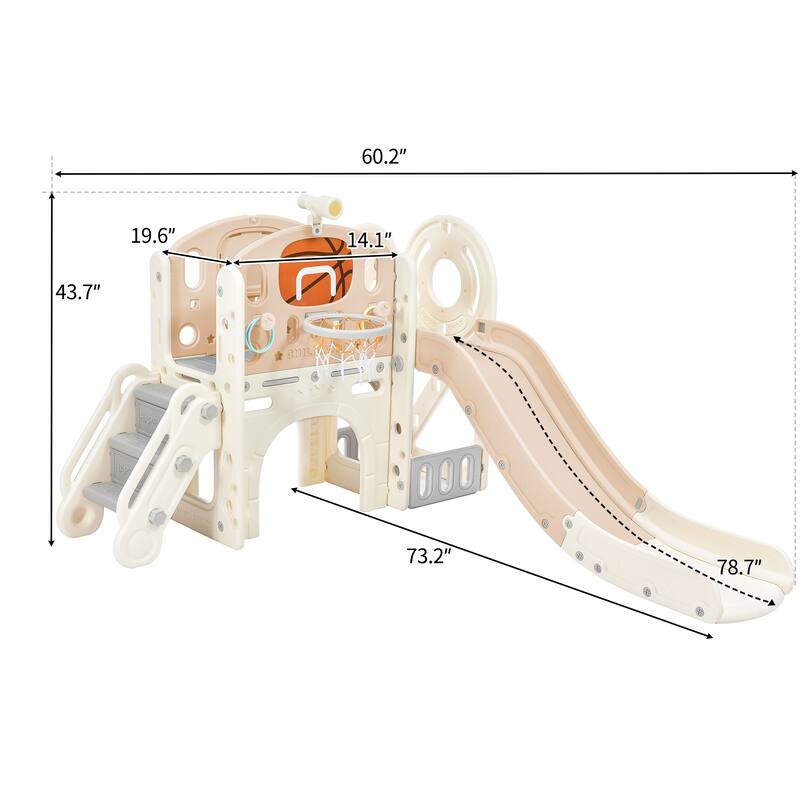 Climbing Crawling Playhouse Freestanding Arch Tunnel With Slide Ring Toss Basketball Hoop Toy Storage Organizer
