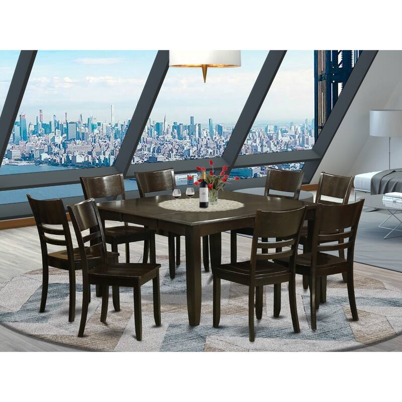 HomeStock 9-Piece Square Cappuccino Finish Solid Wood Top Dining Table with 8-Chairs with Lattice Back