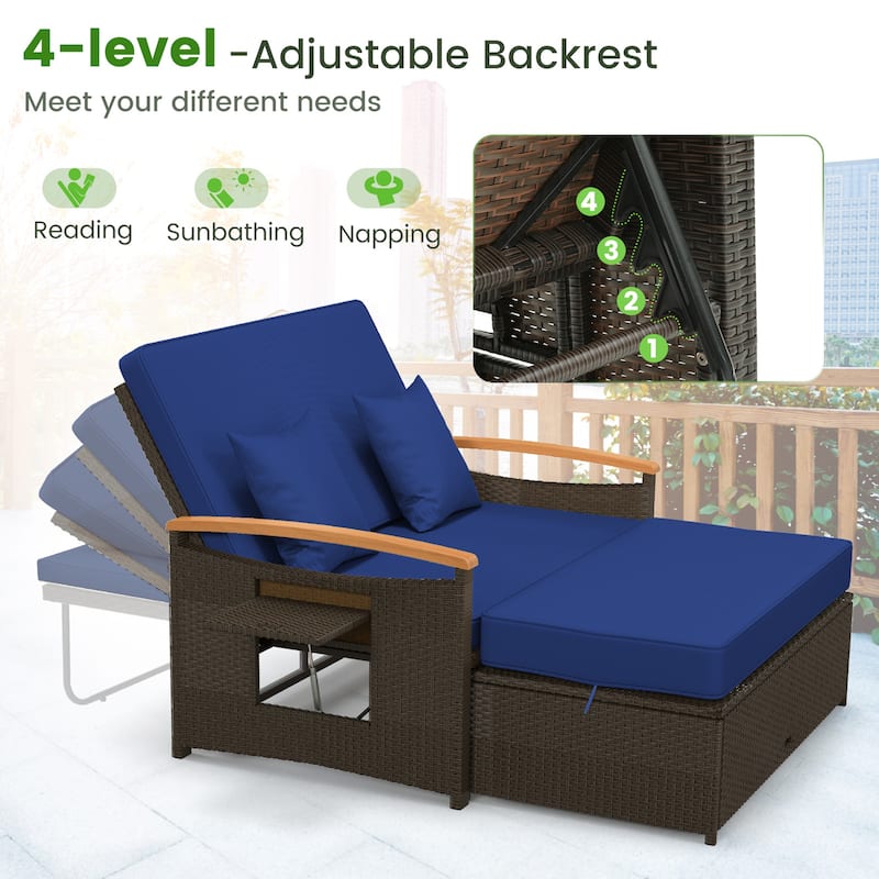 Gymax Outdoor Wicker Daybed Patio Loveseat & Storage Ottoman Set w/