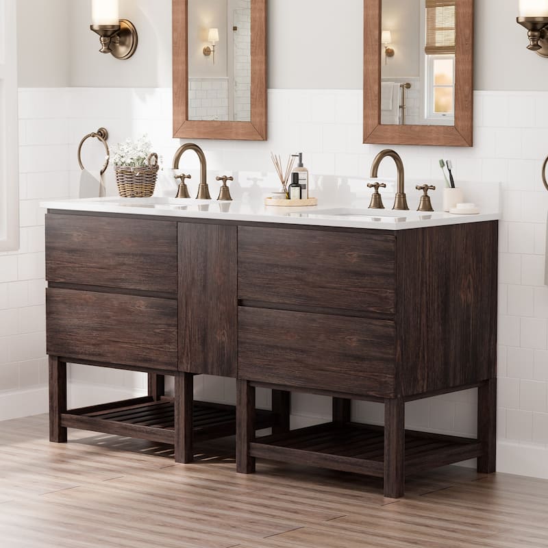 60-Inch Antique Style Solid Wood and MDF Double Sink Bathroom Vanity with Storage