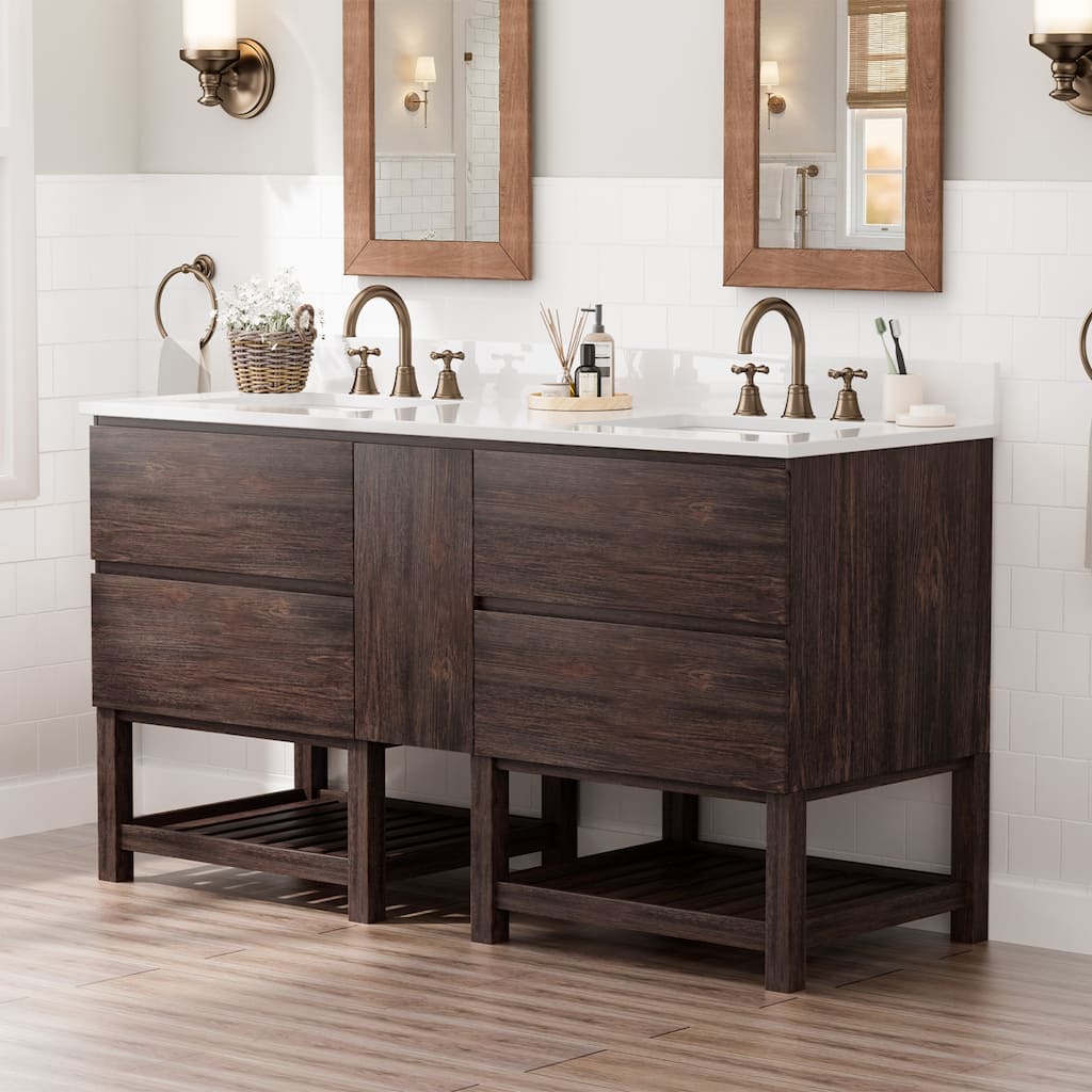 60-Inch Antique Style Solid Wood and MDF Double Sink Bathroom Vanity with Storage