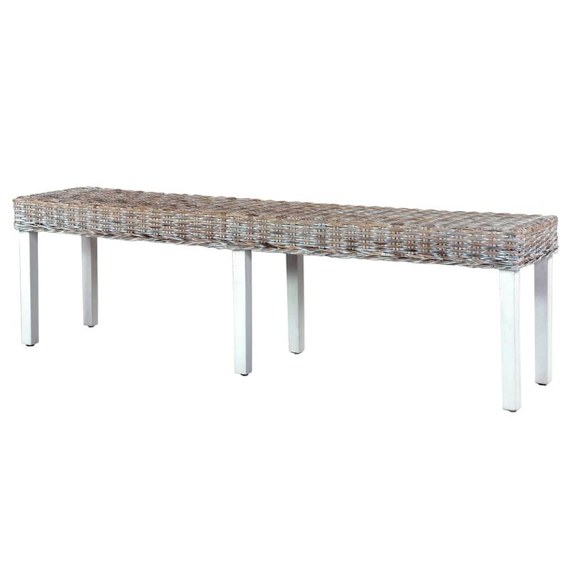vidaXL Bench 63" White Natural Kubu Rattan and Solid Mango Wood