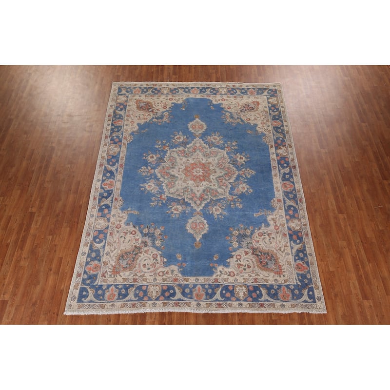 Tabriz Vintage Persian Rug Hand-Knotted Blue Wool Carpet - 8'4" x 11'3"
