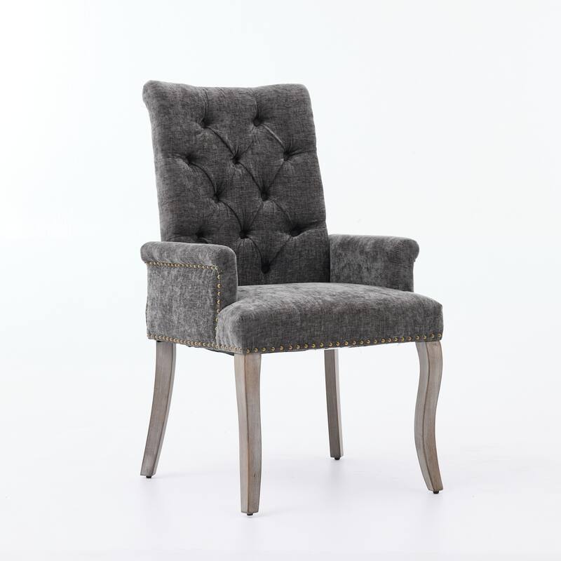 Upholstered Chenille Fabric Accent Dining Chair, Curved Solid Wood Legs, Elegant Tufted Club Dining Room Kitchen Room Arm
